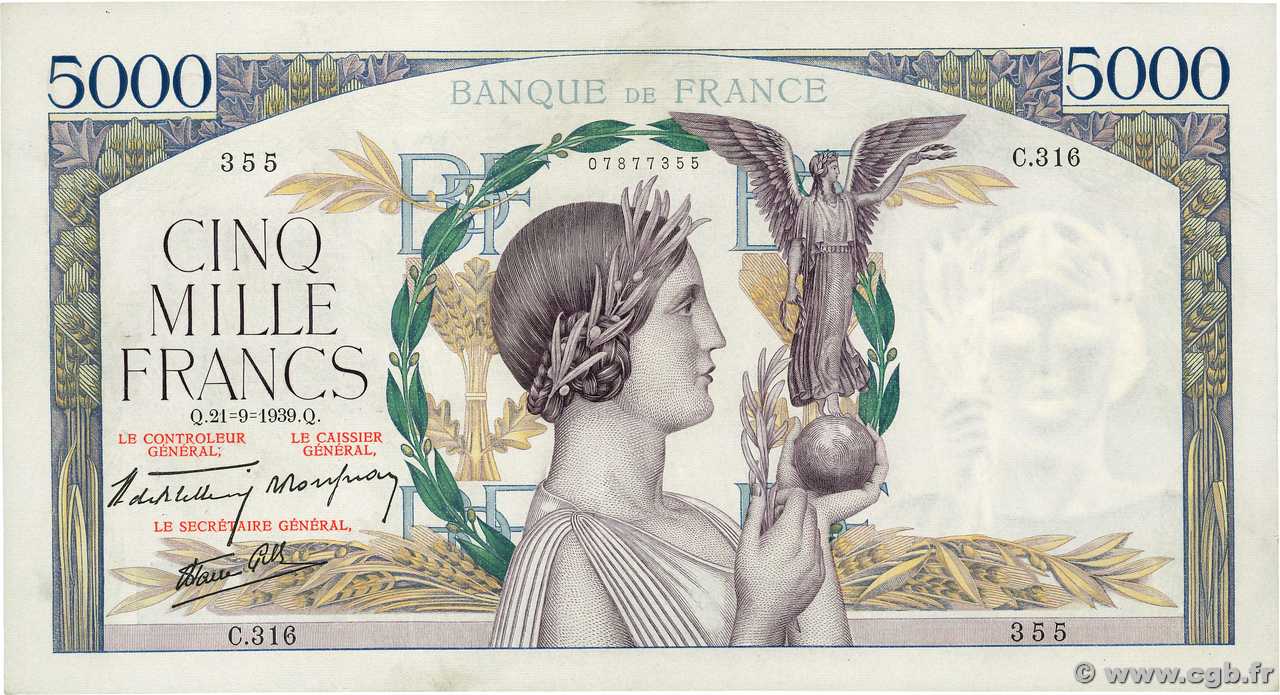 5000 Francs VICTOIRE Impression à plat FRANCE  1939 F.46.11 VF+