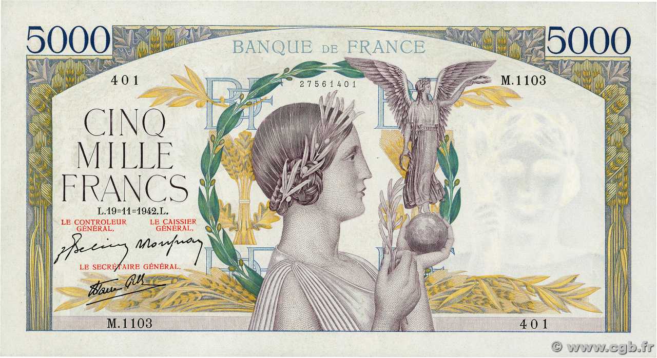 5000 Francs VICTOIRE Impression à plat FRANCIA  1942 F.46.44 q.SPL