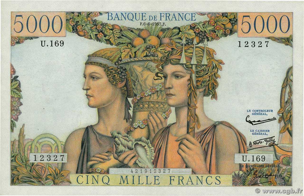 5000 Francs TERRE ET MER FRANCE  1957 F.48.15 AU-