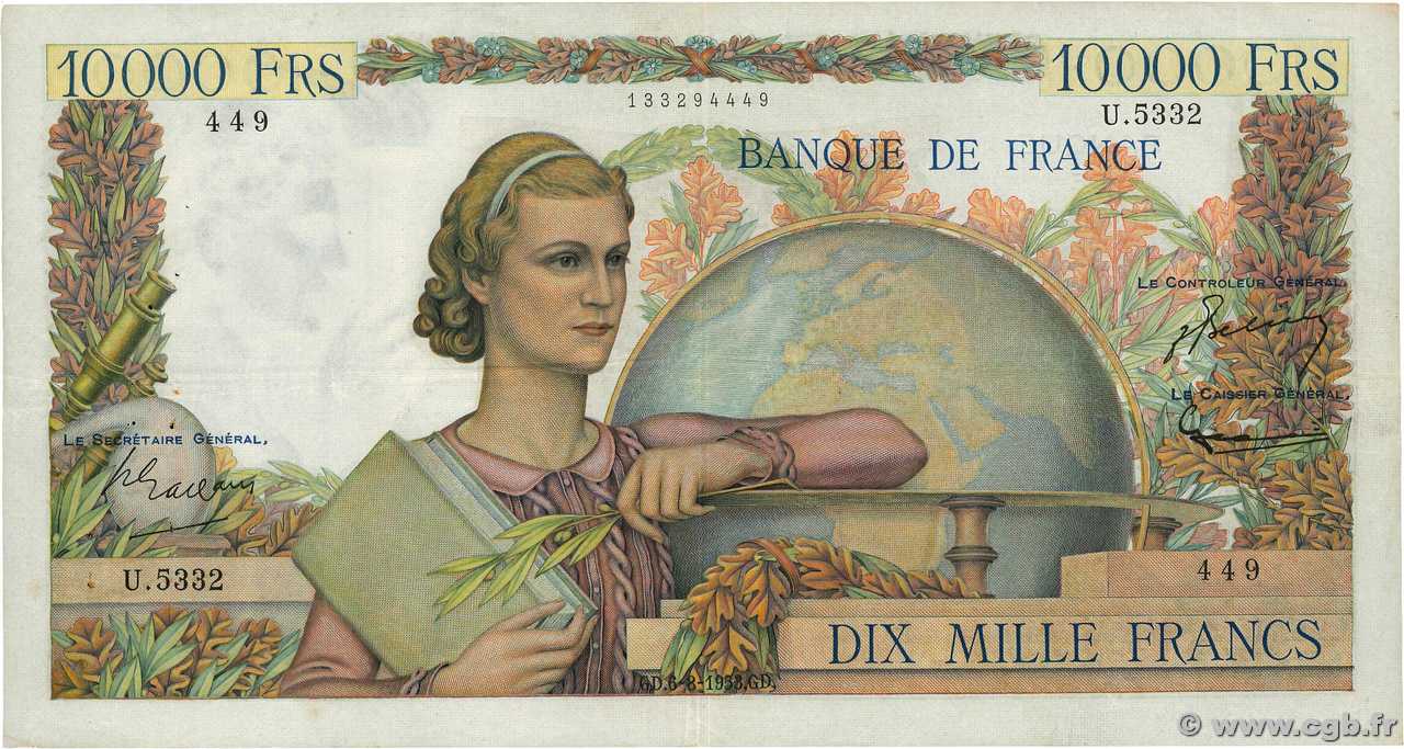 10000 Francs GÉNIE FRANÇAIS FRANCE  1953 F.50.67 VF