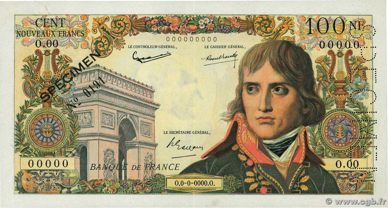 100 Nouveaux Francs BONAPARTE Spécimen FRANCIA  1959 F.59.01Spn AU