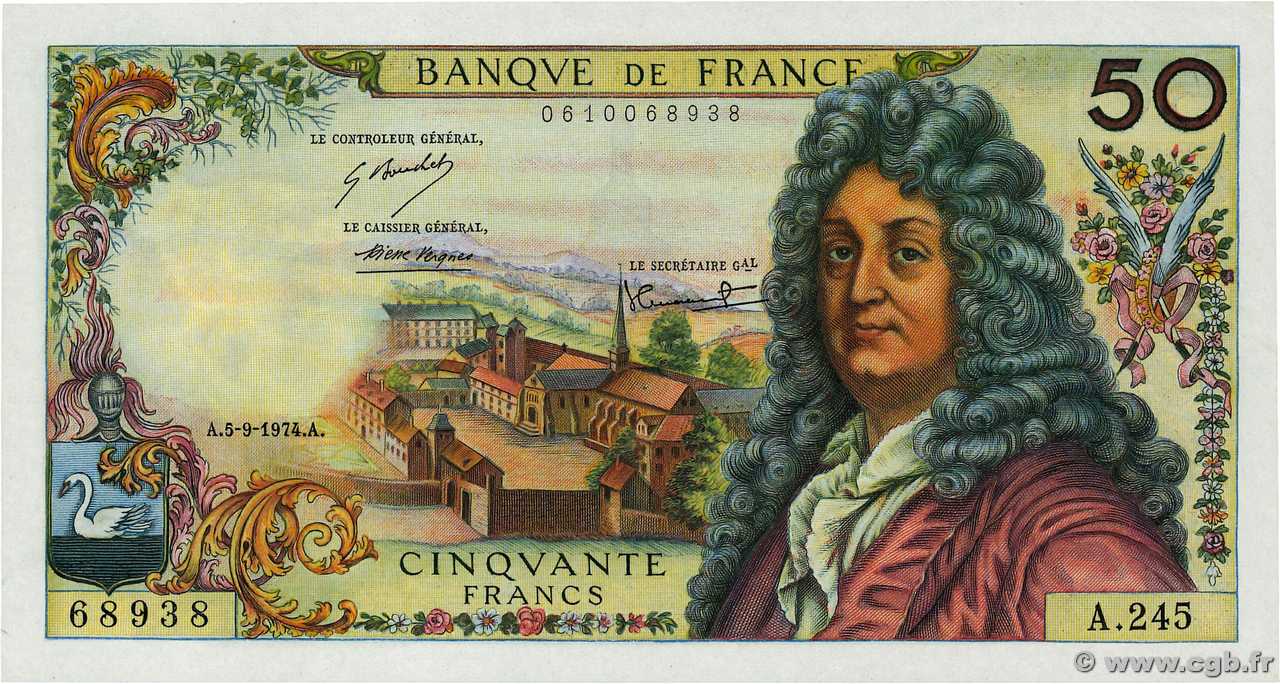 50 Francs RACINE FRANCIA  1974 F.64.27 AU+