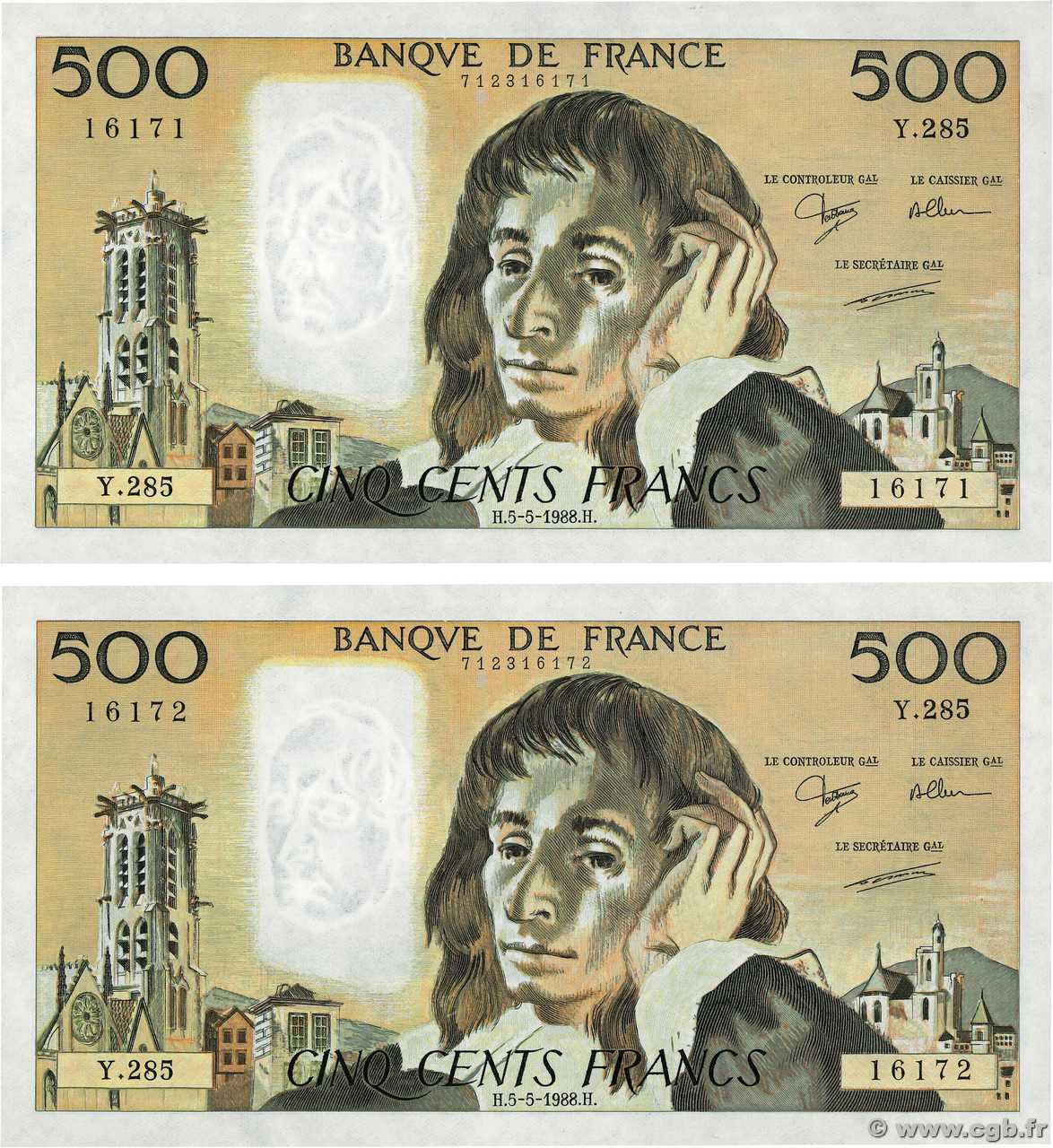 500 Francs PASCAL Consécutifs FRANCE  1988 F.71.39 UNC-