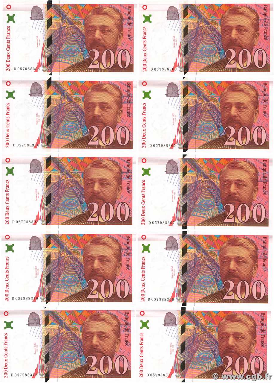 200 Francs EIFFEL Consécutifs FRANCIA  1997 F.75.04b FDC