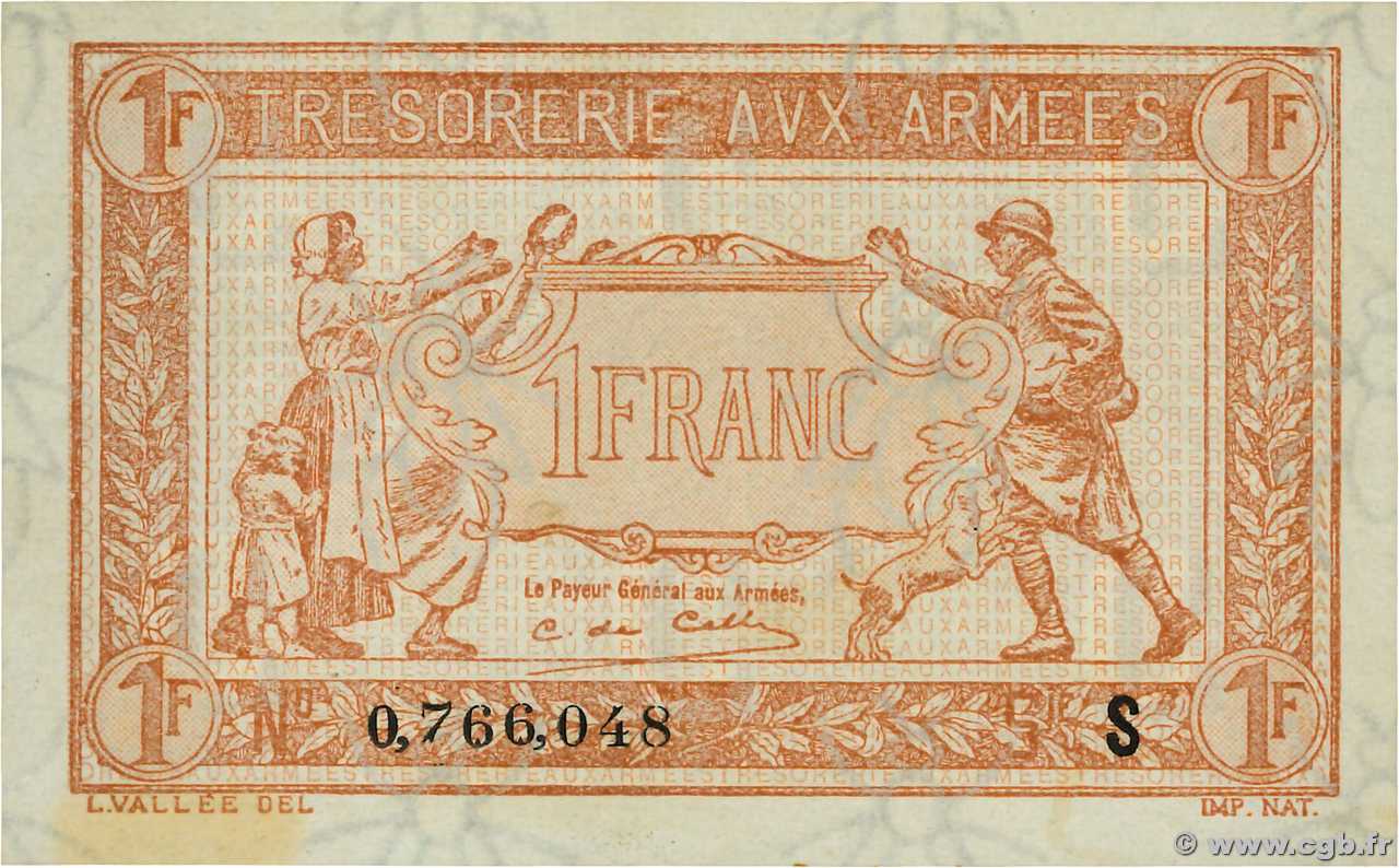 1 Franc TRÉSORERIE AUX ARMÉES 1919 FRANCIA  1919 VF.04.06 AU+