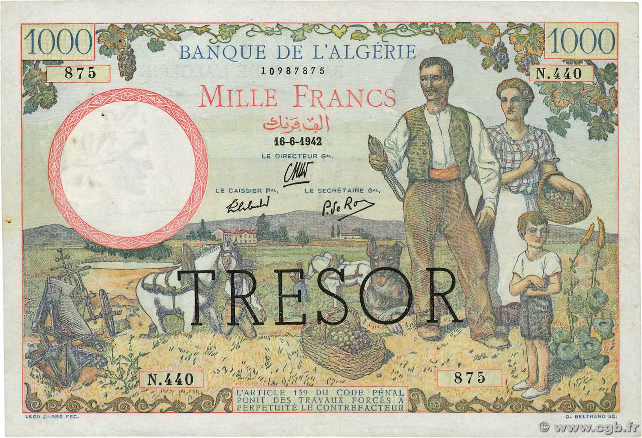 1000 Francs ALGÉRIE FRANKREICH  1943 VF.10.01 S