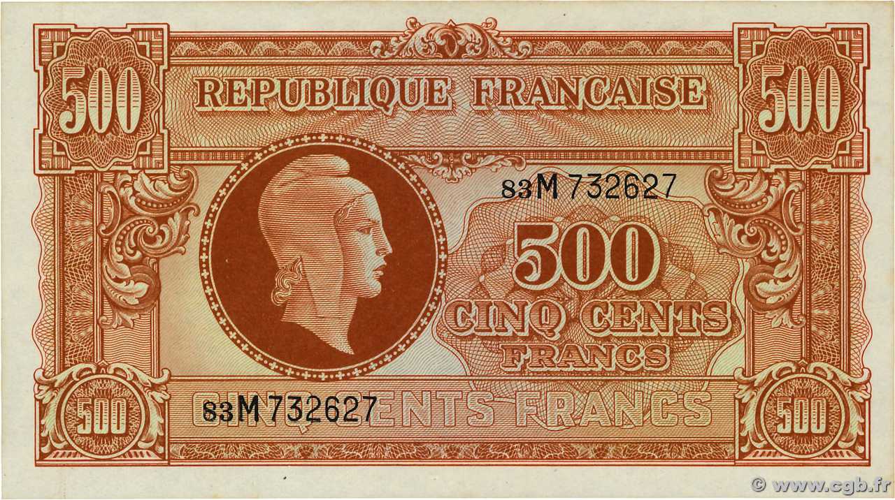 500 Francs MARIANNE fabrication anglaise FRANKREICH  1945 VF.11.02 fST+