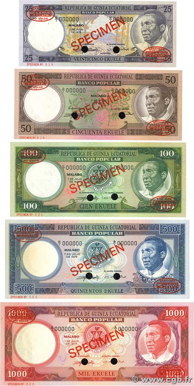 25 à 1000 Ekuele Spécimen GUINEA ECUATORIAL  1975 P.04s au P.08s EBC