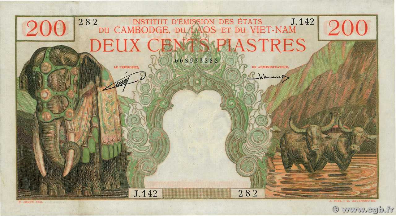 200 Piastres - 200 Riels INDOCINA FRANCESE  1953 P.098 q.SPL