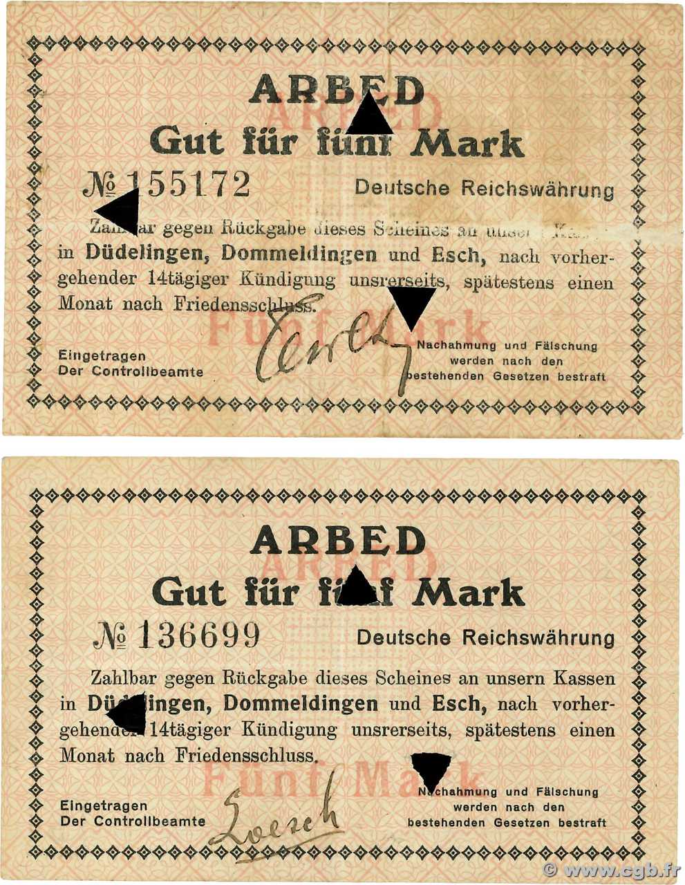 5 Mark Lot LUXEMBURG Burbach - Eich - Dudelange 1918 P.- fVZ