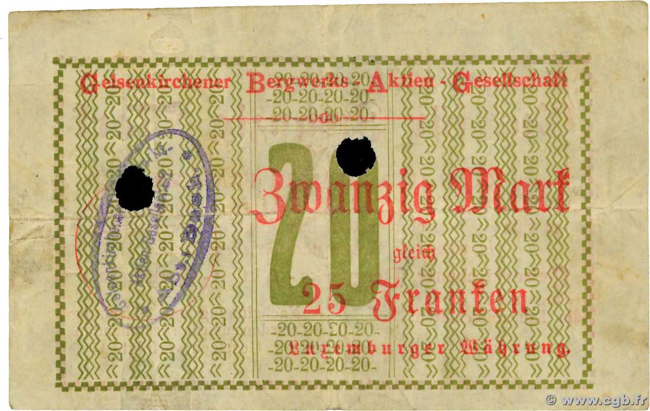 20 Mark - 25 Francs LUXEMBURGO Esch 1917 P.- MBC