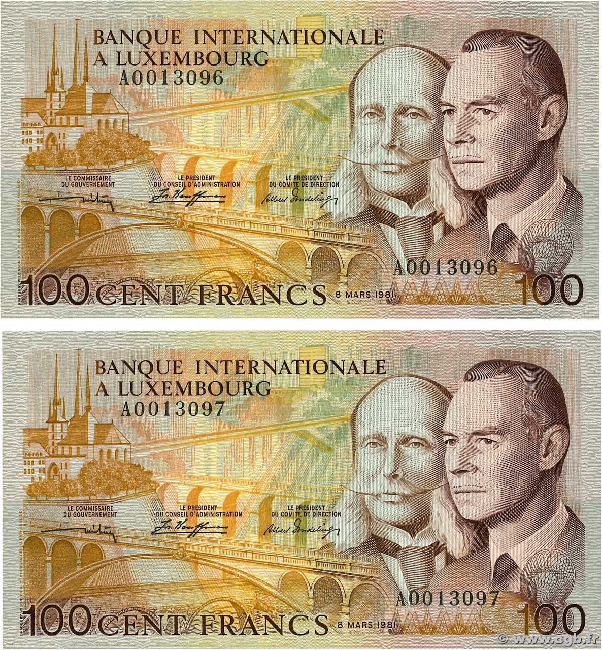 100 Francs Consécutifs LUXEMBURG  1981 P.14a ST