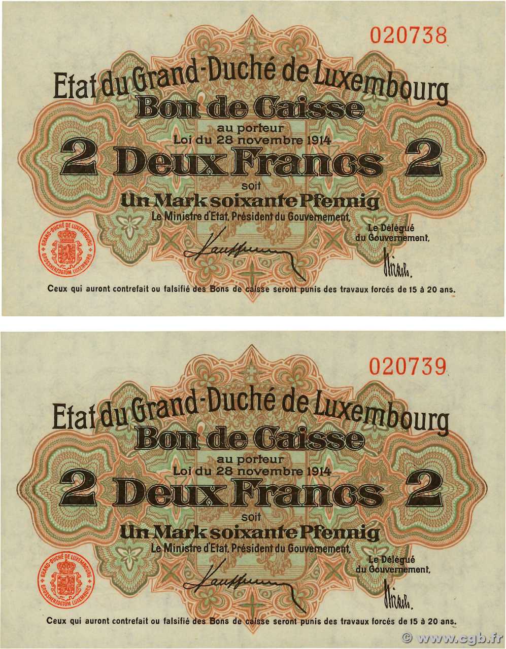 2 Francs / 1 Mark 60 Pfennig Consécutifs LUSSEMBURGO  1914 P.22 q.FDC