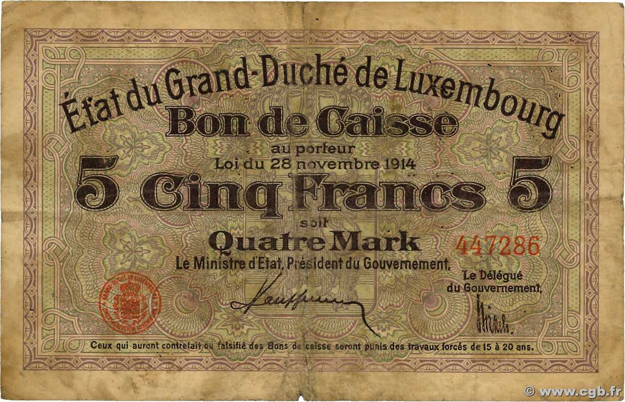 5 Francs /  4 Mark LUSSEMBURGO  1914 P.23A q.MB