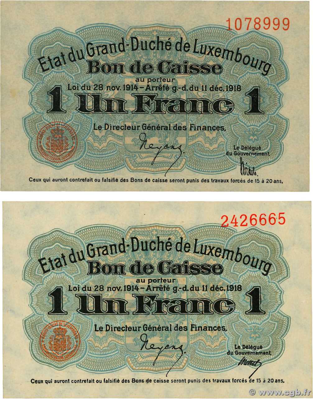 1 Franc Lot LUXEMBOURG  1919 P.27 UNC-