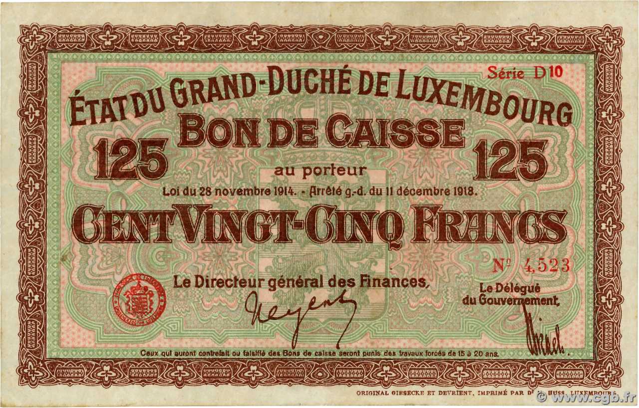 125 Francs LUXEMBURG  1919 P.32 fVZ