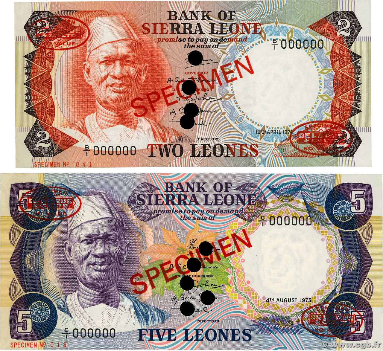 2 et 5 Leones Spécimen SIERRA LEONE  1974 P.06as et P.07as SPL