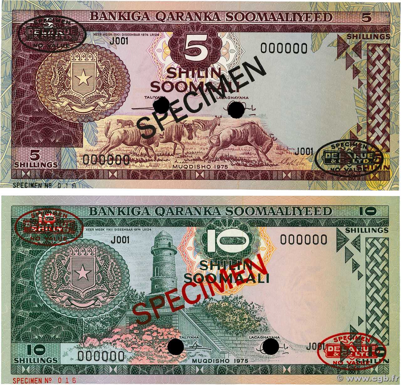 5 et 10 Shillings Spécimen SOMALIA  1975 P.17s et P.18s EBC+