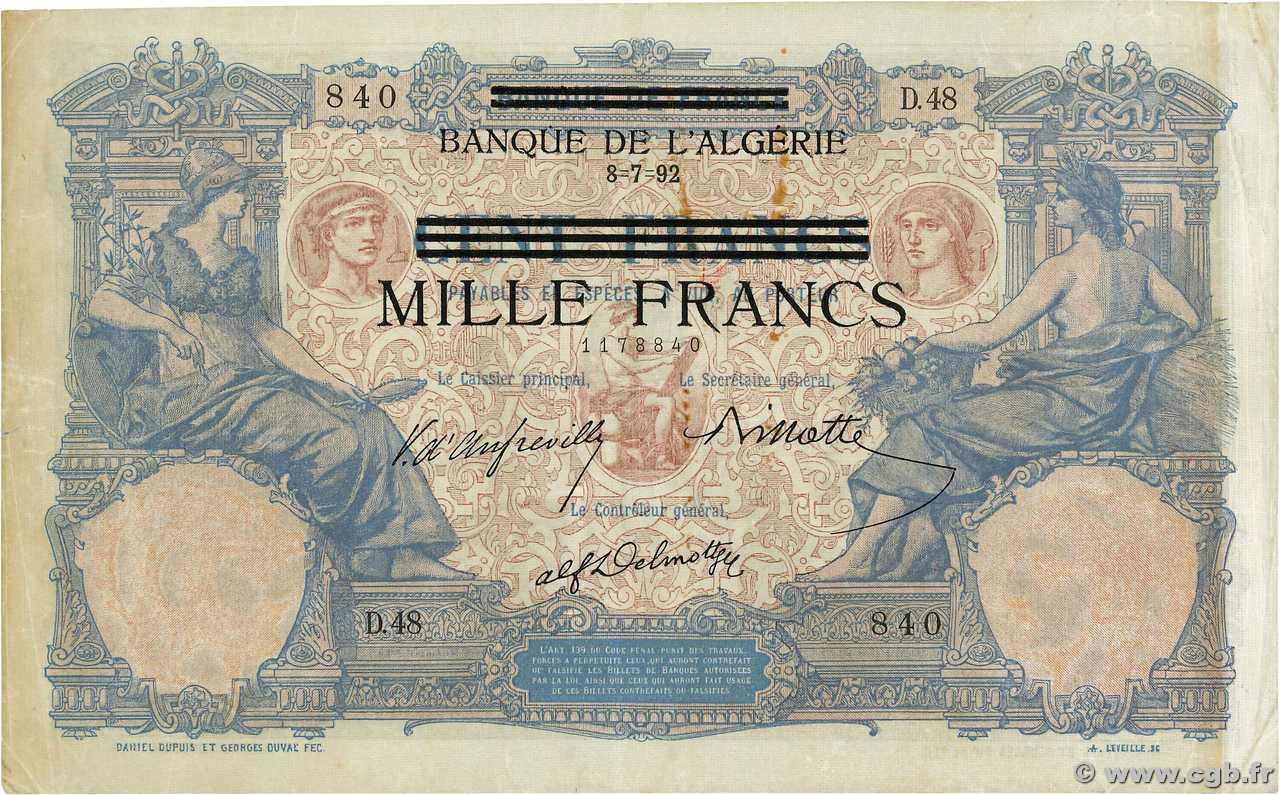 1000 Francs sur 100 Francs TUNISIA  1942 P.31 F+