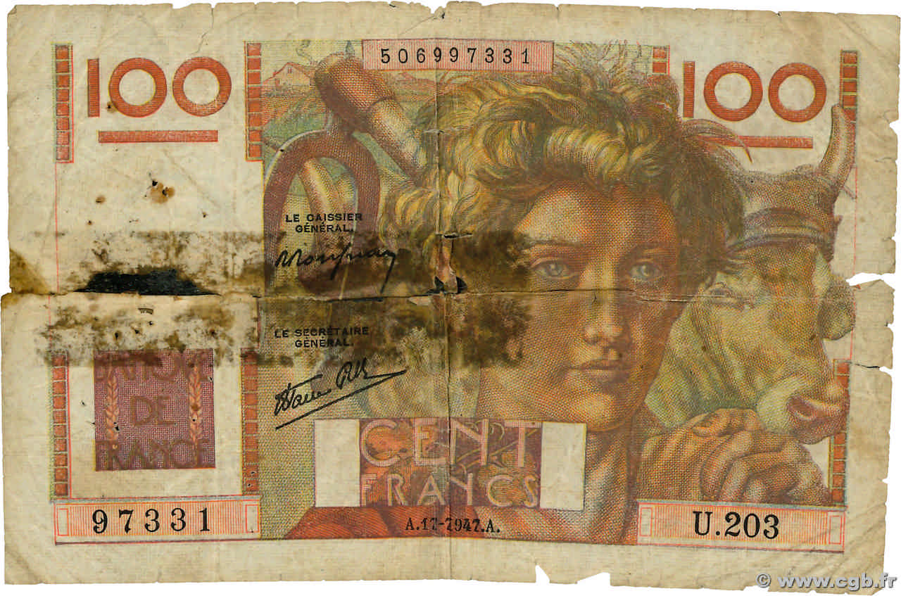 100 Francs JEUNE PAYSAN Favre-Gilly FRANCIA  1947 F.28ter.01 MC