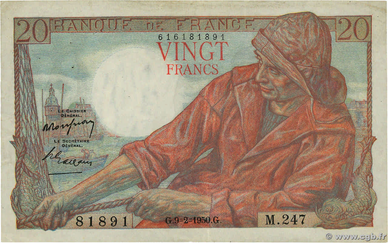 20 Francs PÊCHEUR Grand numéro FRANCE  1950 F.13.17a VF