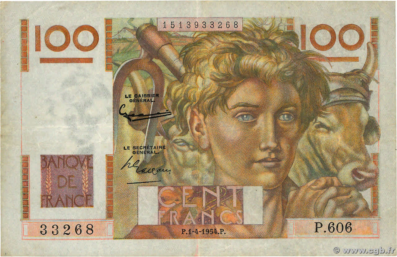 100 Francs JEUNE PAYSAN Grand numéro FRANCE  1954 F.28.43a TTB