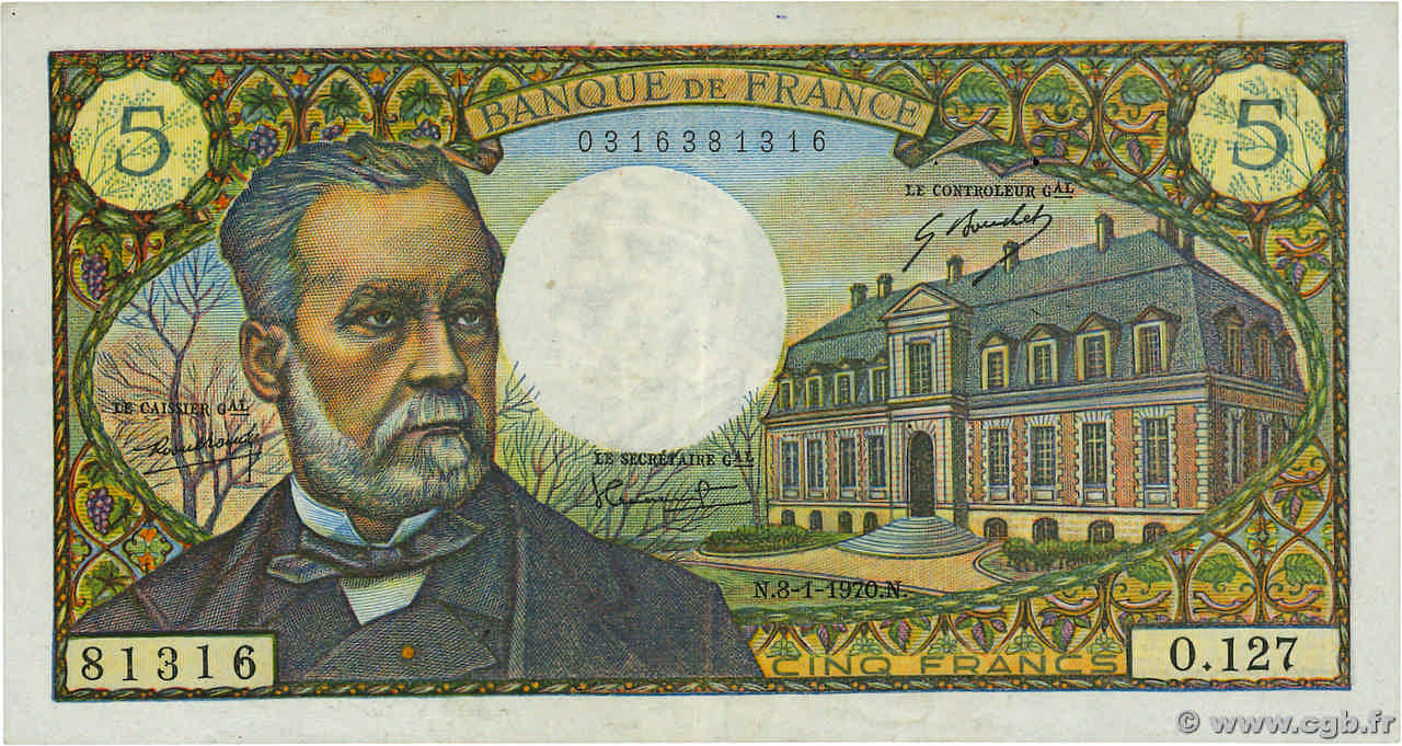 5 Francs PASTEUR Grand numéro FRANCIA  1970 F.61.12 BB
