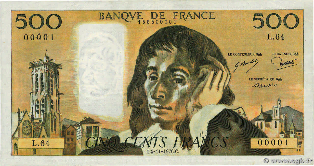 500 Francs PASCAL Numéro spécial FRANCE  1976 F.71.15a VF