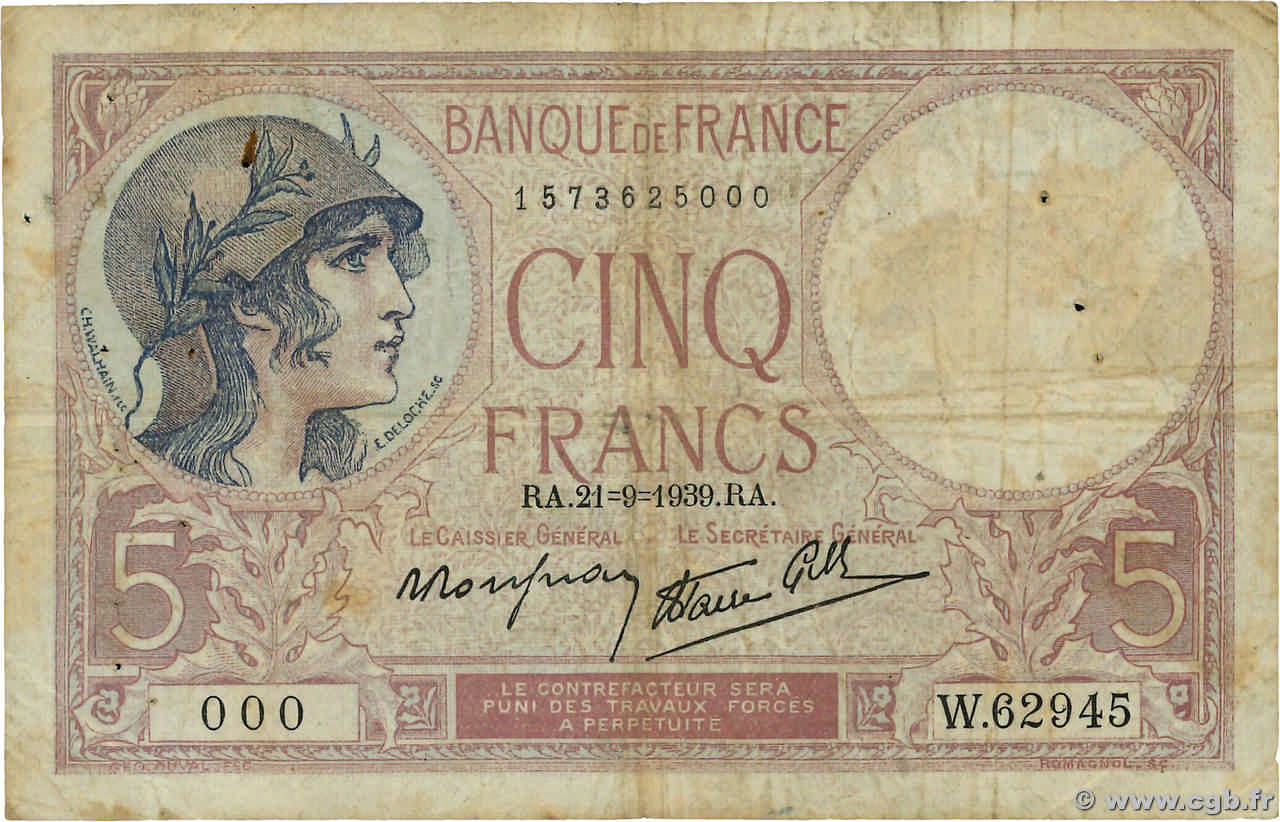 5 Francs FEMME CASQUÉE modifié Numéro spécial FRANKREICH  1939 F.04.09 fS