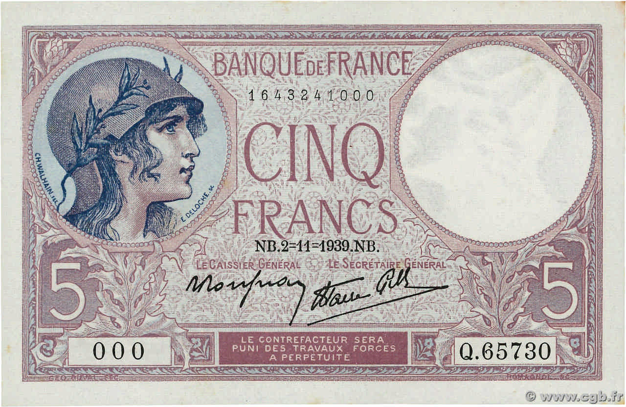 5 Francs FEMME CASQUÉE modifié Numéro spécial FRANCIA  1939 F.04.14 AU