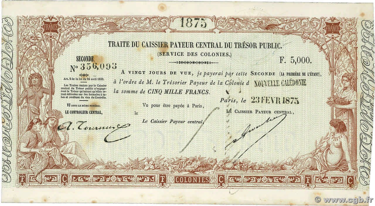 5000 Francs NEW CALEDONIA  1875 K.91 XF