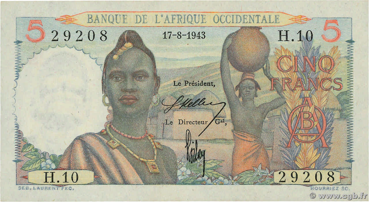 5 Francs FRENCH WEST AFRICA  1943 P.36 fST+