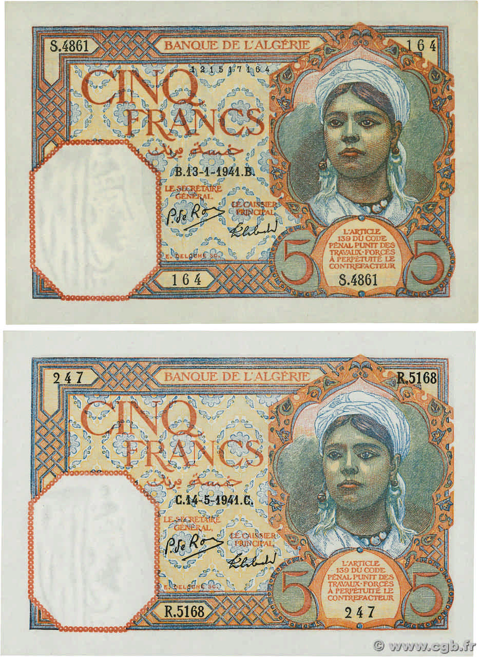 5 Francs Lot ALGERIEN  1941 P.077a/b fST+