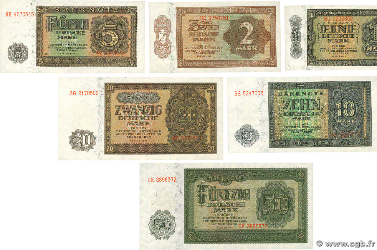 1 au 50 Deutsche Mark Lot REPUBBLICA DEMOCRATICA TEDESCA  1948 P.09b au P.14b FDC