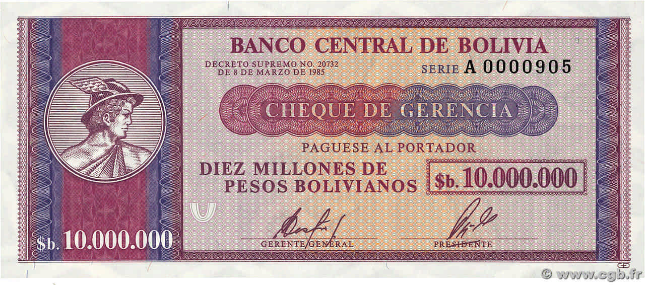 10000000 Pesos Bolivianos Petit numéro BOLIVIEN  1996 P.192a fST+
