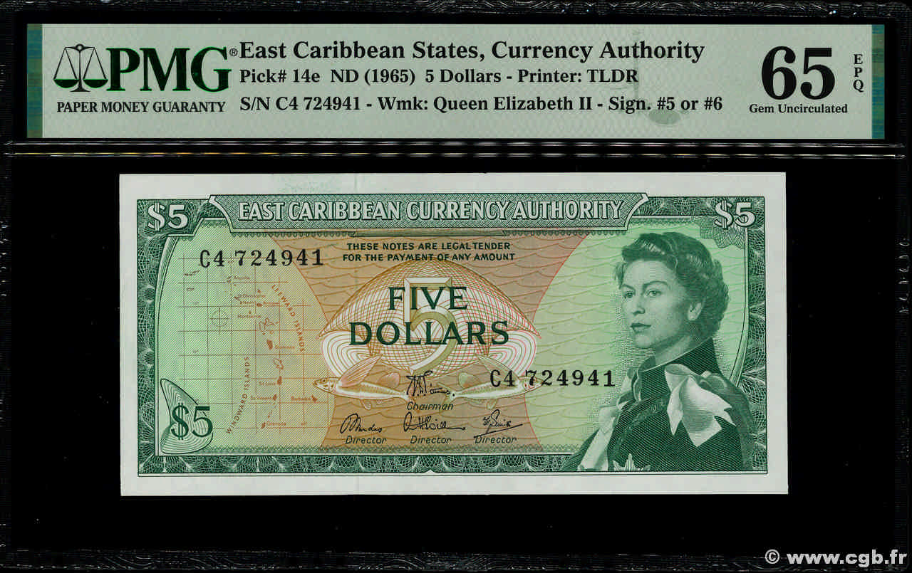 5 Dollars CARIBBEAN   1965 P.14e UNC