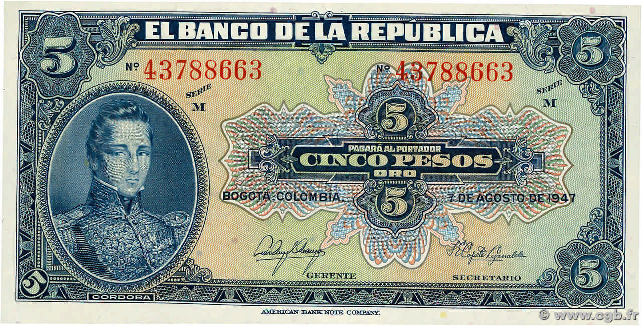 5 Pesos Oro COLOMBIA  1947 P.386c FDC