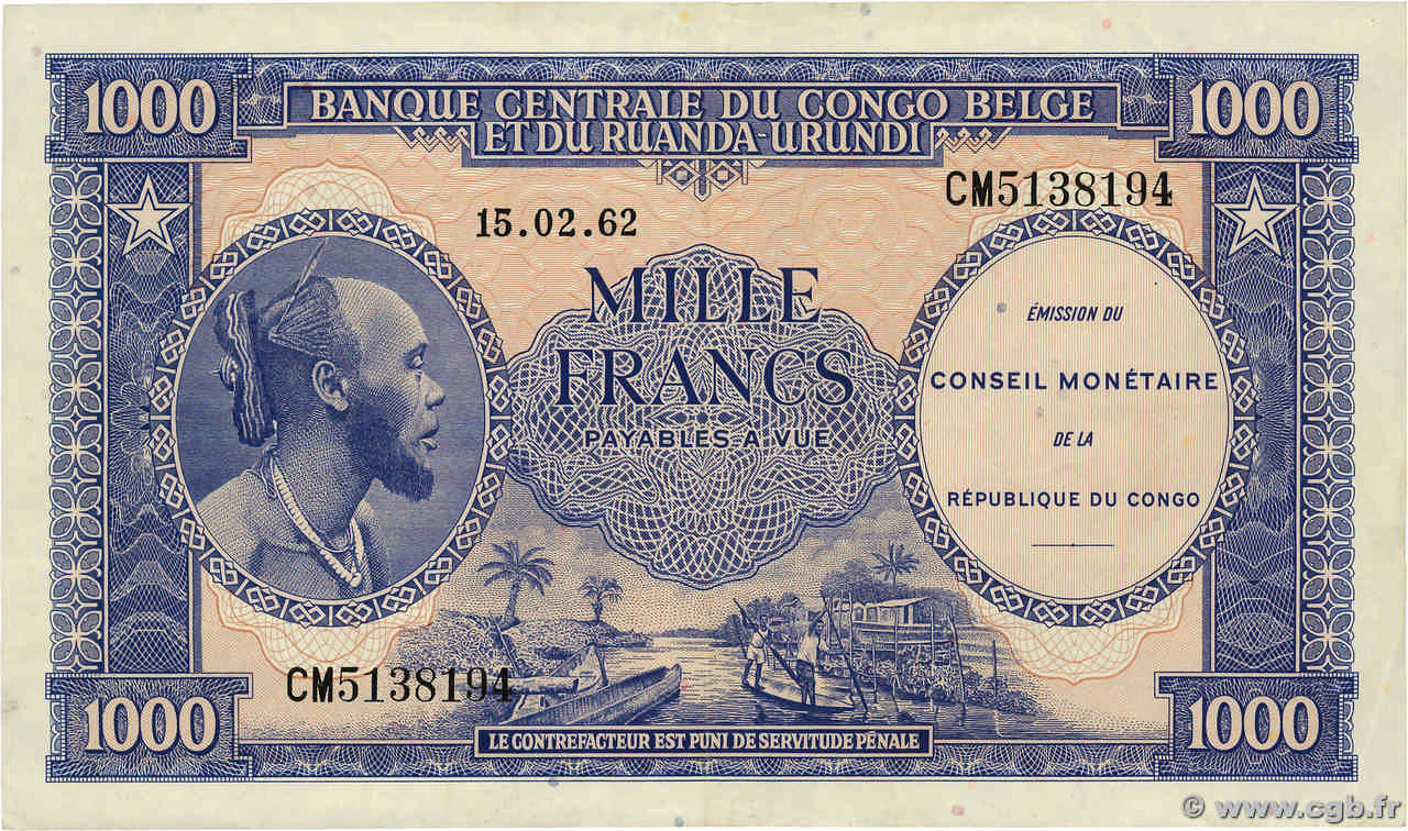 1000 Francs RÉPUBLIQUE DÉMOCRATIQUE DU CONGO  1962 P.002a TTB+