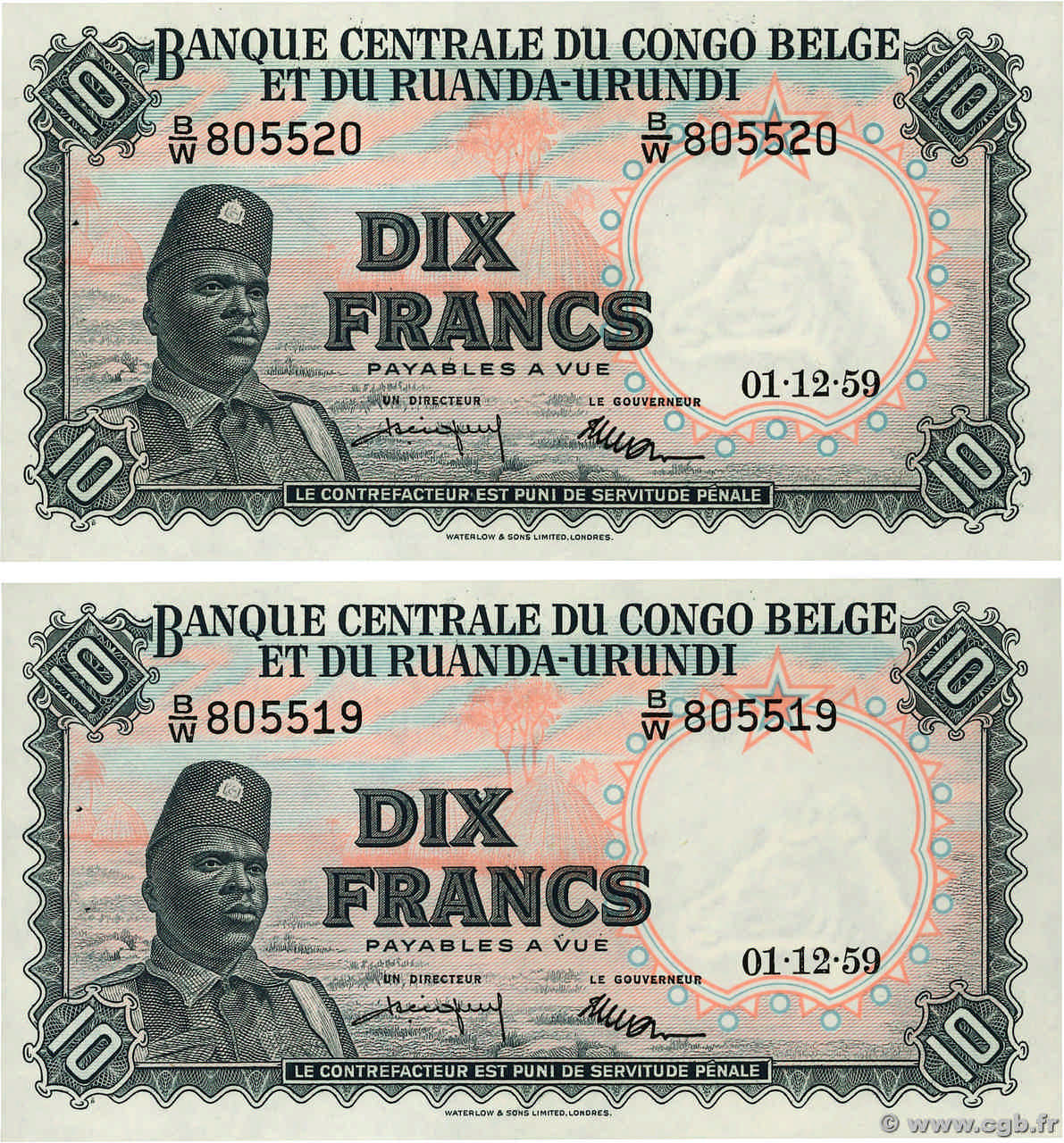 10 Francs Consécutifs CONGO BELGA  1959 P.30b SPL+