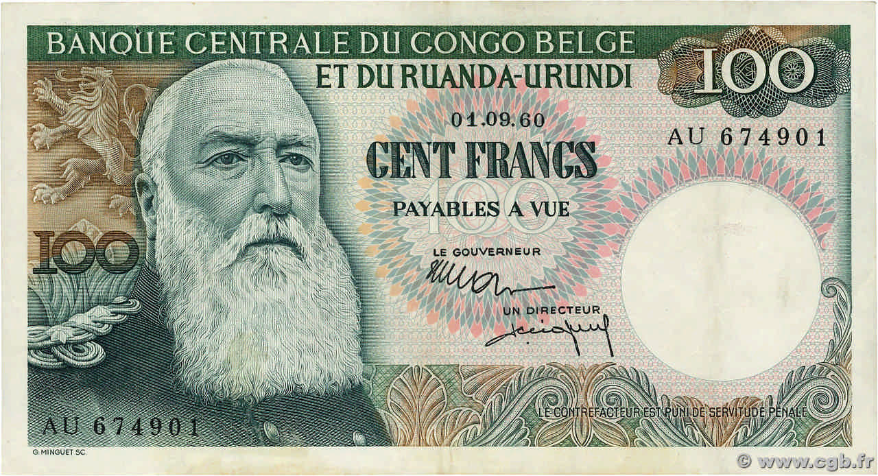 100 Francs BELGIAN CONGO  1960 P.33c VF+