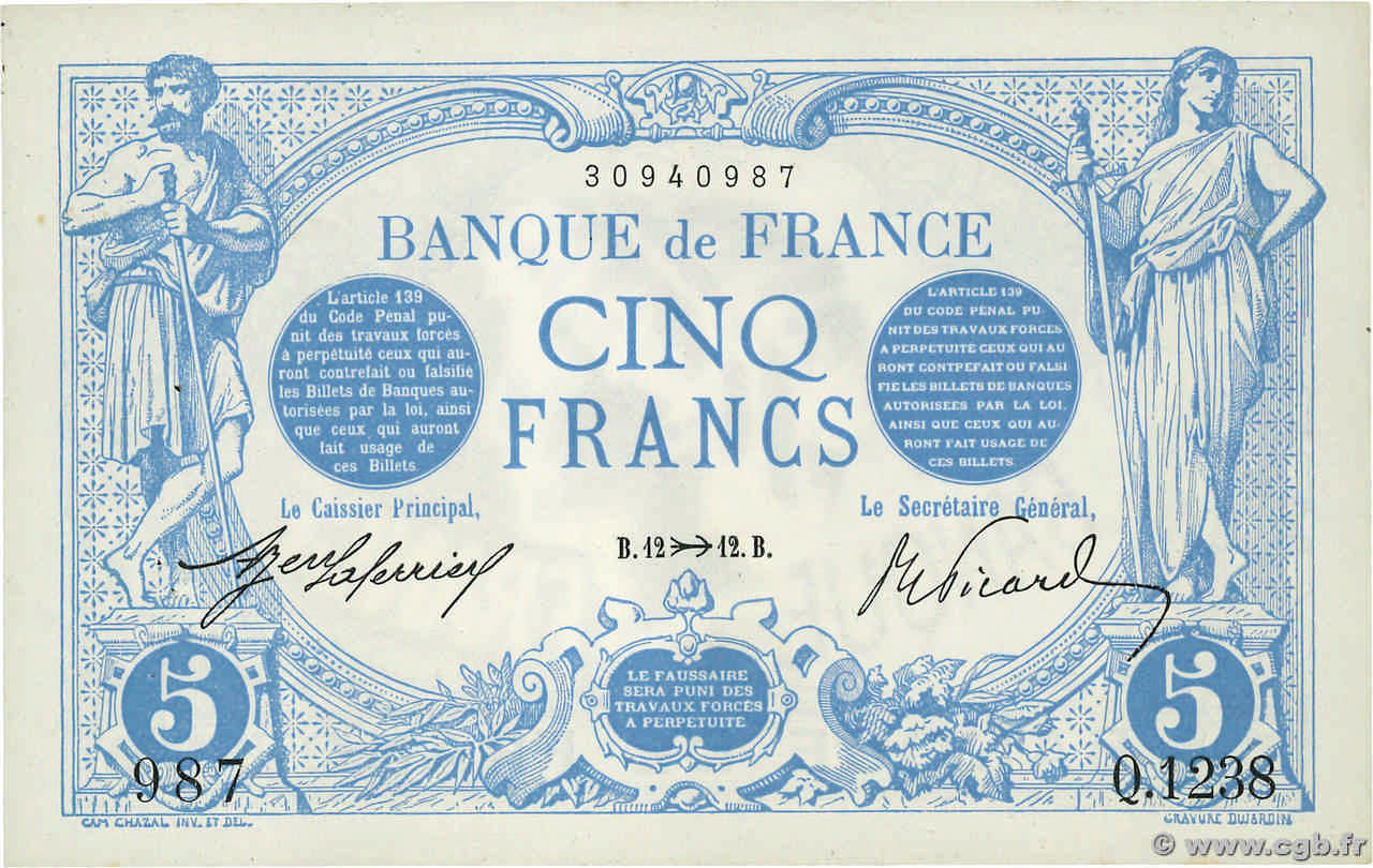 5 Francs BLEU FRANCIA  1912 F.02.11 SPL+