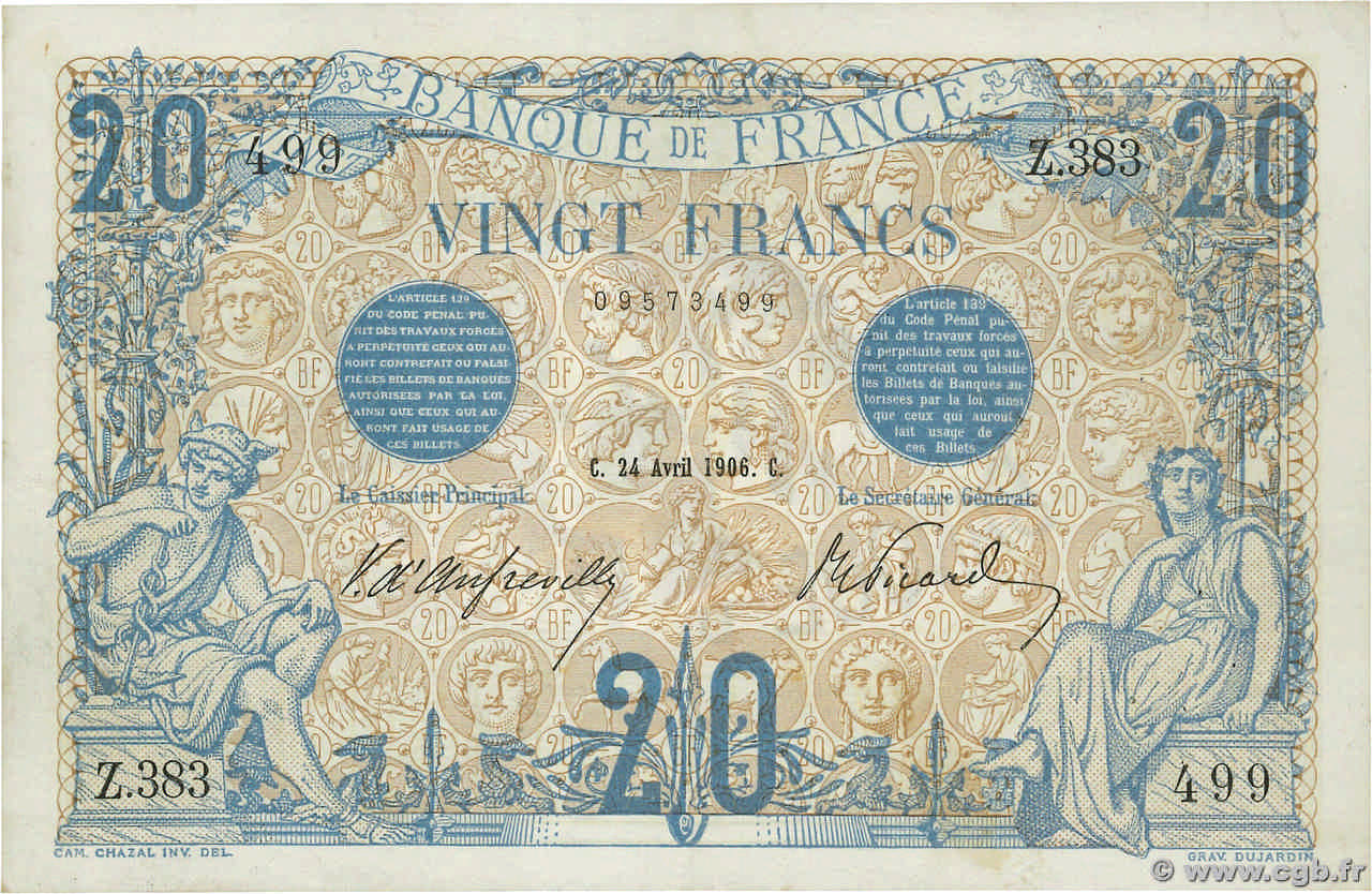 20 Francs BLEU FRANKREICH  1906 F.10.01 fVZ