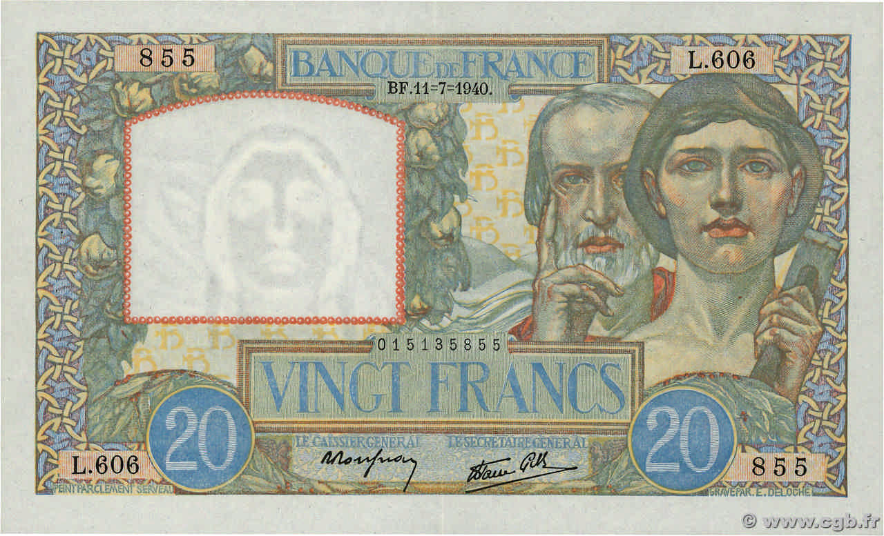 20 Francs TRAVAIL ET SCIENCE FRANCE  1940 F.12.04 XF+