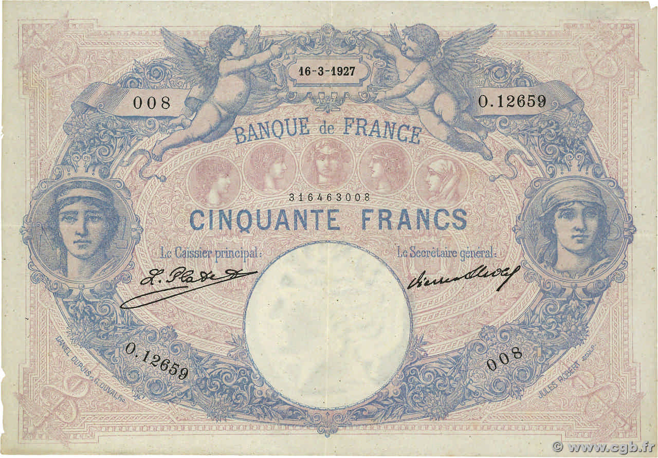 50 Francs BLEU ET ROSE FRANCE  1927 F.14.40 VF