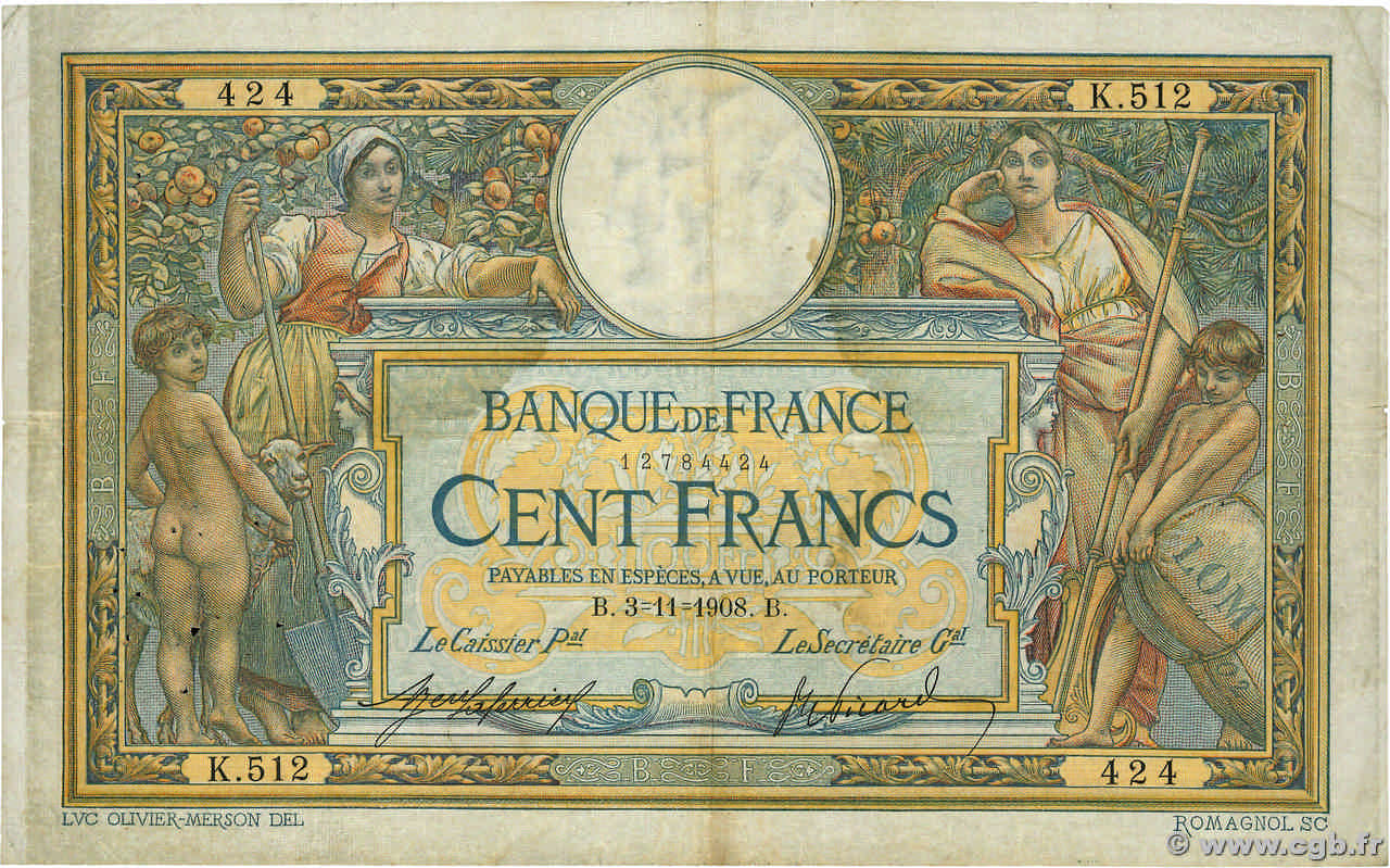 100 Francs LUC OLIVIER MERSON avec LOM FRANKREICH  1908 F.22.01 S