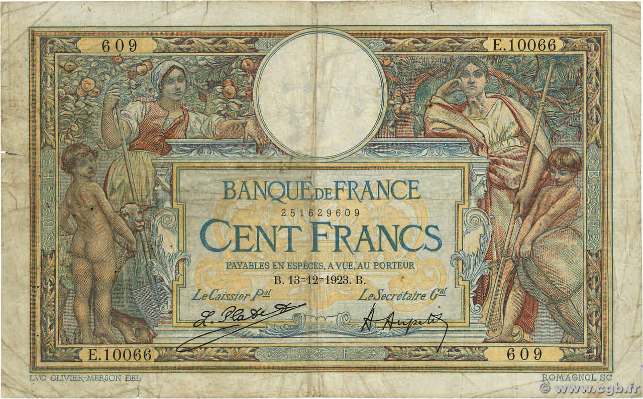 100 Francs LUC OLIVIER MERSON grands cartouches FRANCIA  1923 F.24.01 RC