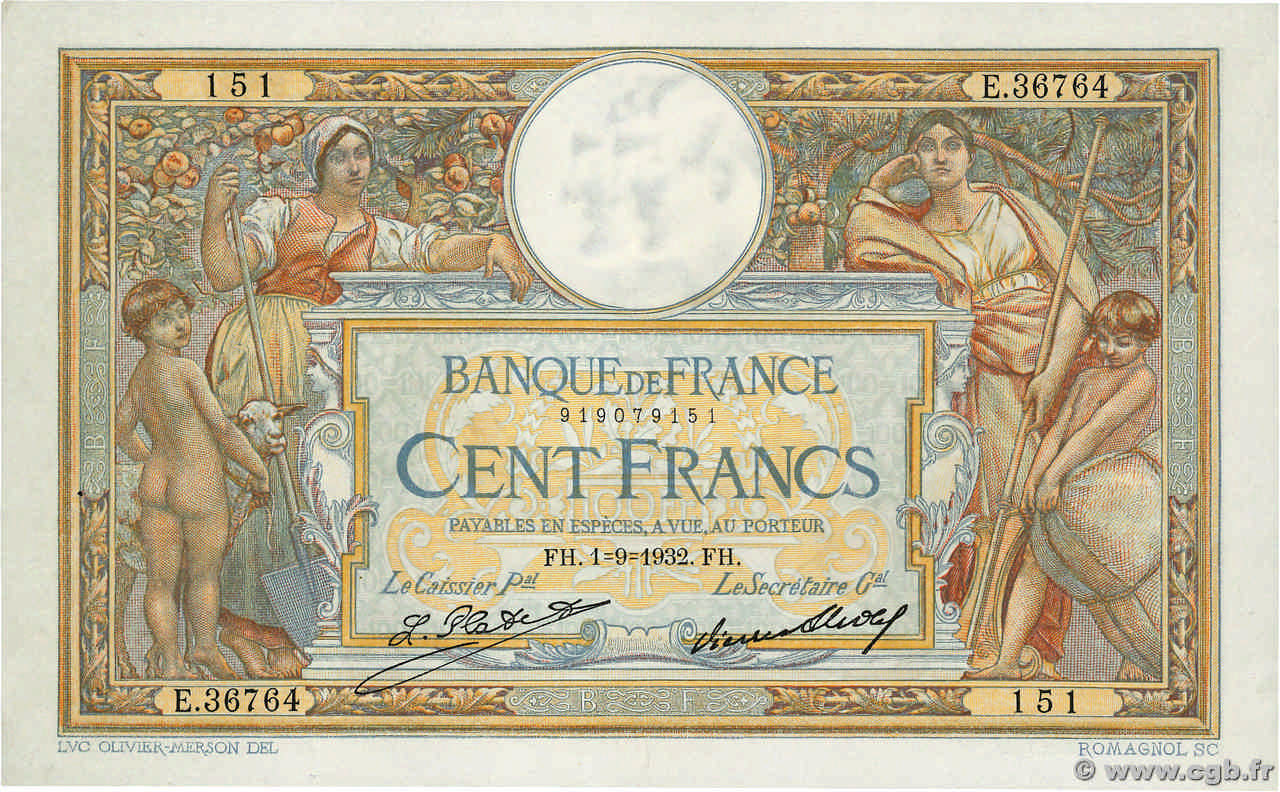 100 Francs LUC OLIVIER MERSON grands cartouches FRANCE  1932 F.24.11 AU