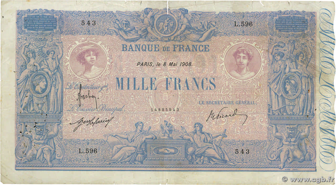 1000 Francs BLEU ET ROSE FRANCE  1908 F.36.22 F-