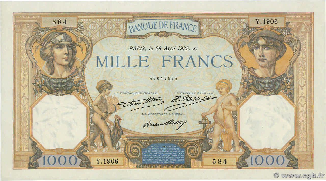 1000 Francs CÉRÈS ET MERCURE FRANCE  1932 F.37.07 XF+
