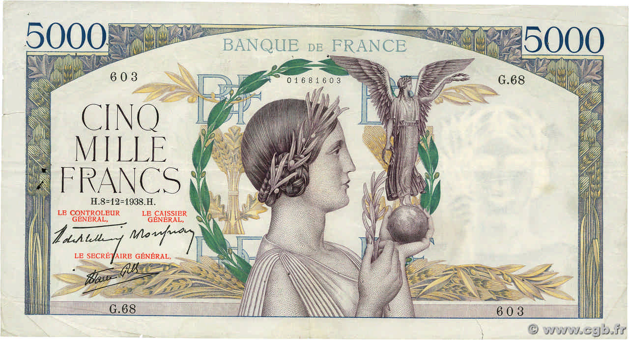 5000 Francs VICTOIRE Impression à plat FRANCE  1938 F.46.01 TB